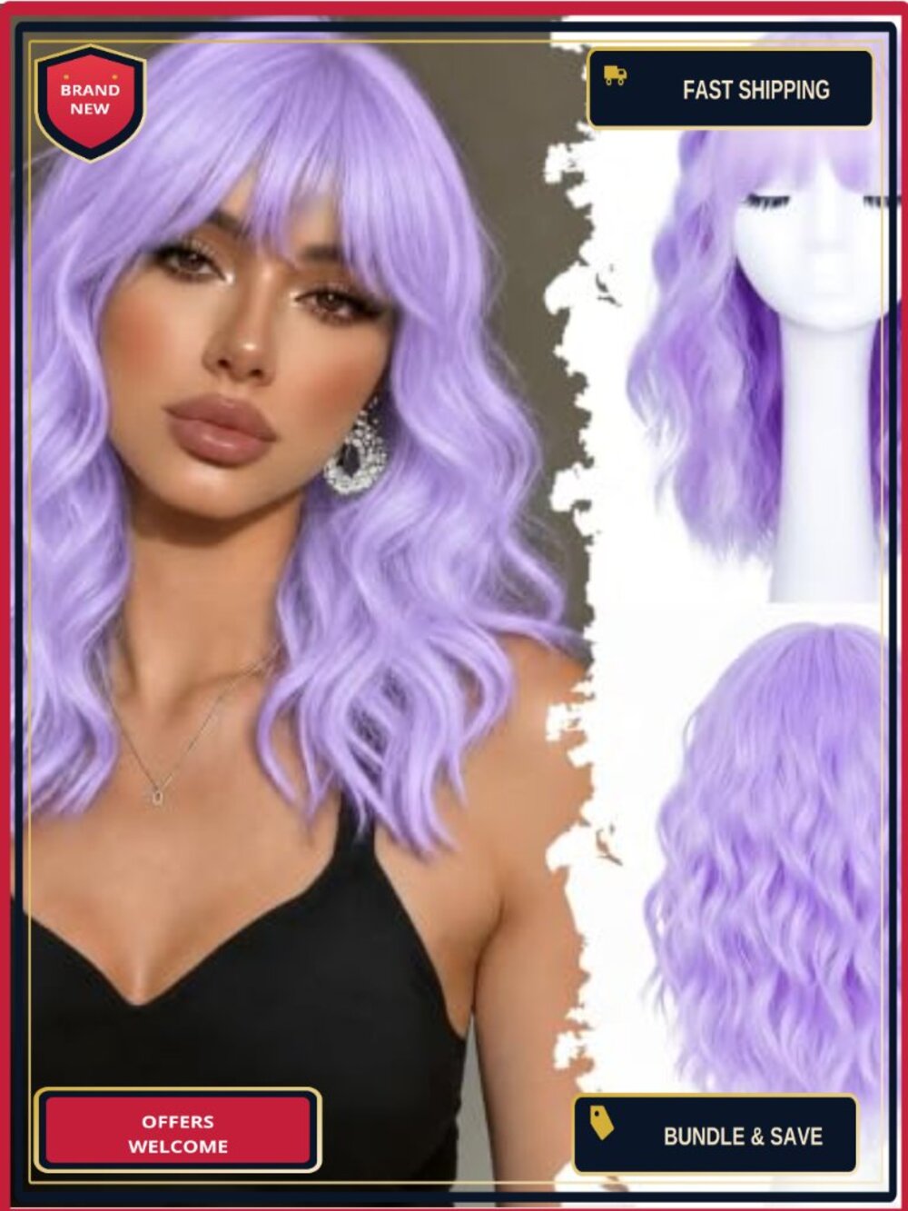 Short Wavy Curly Bob Wig with Bangs 16 Inch Heat Resistant Synthetic Party